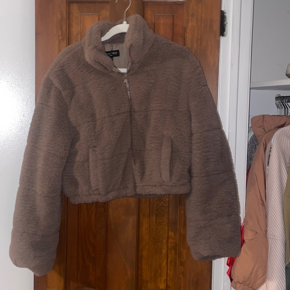 Brown fuzzy cropped bomber jacket